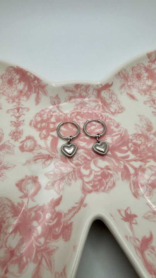 Silver Heart Pendant Hoop Earrings