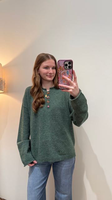 Novelty Holiday Button Henley Pullover Sweater