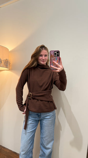 Mock Neck Long Sleeve Belted Detail Top