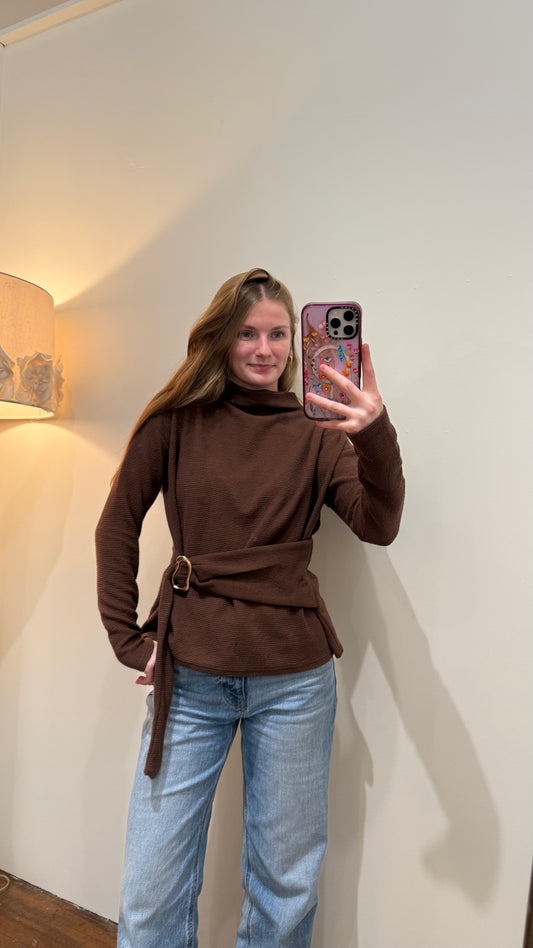 Mock Neck Long Sleeve Belted Detail Top
