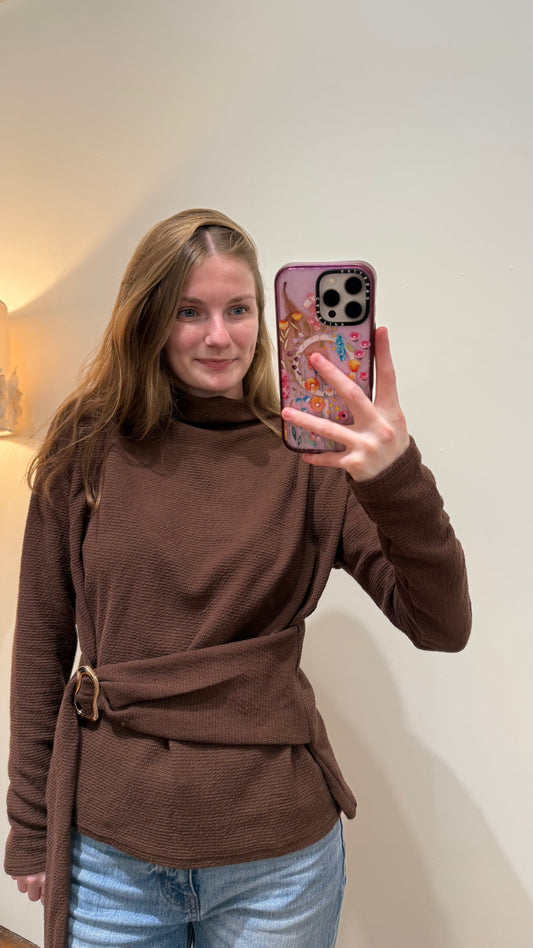 Mock Neck Long Sleeve Belted Detail Top