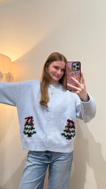 Blue Christmas Tree Ribbon Bow Button Knit Cardigan