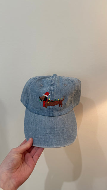 Christmas Dachshund Embroidered Washed Denim Baseball Cap