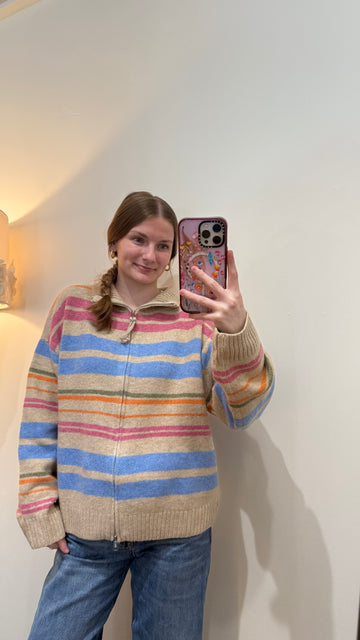 Biscotti Striped Mock Neck Zip Up Cardigan